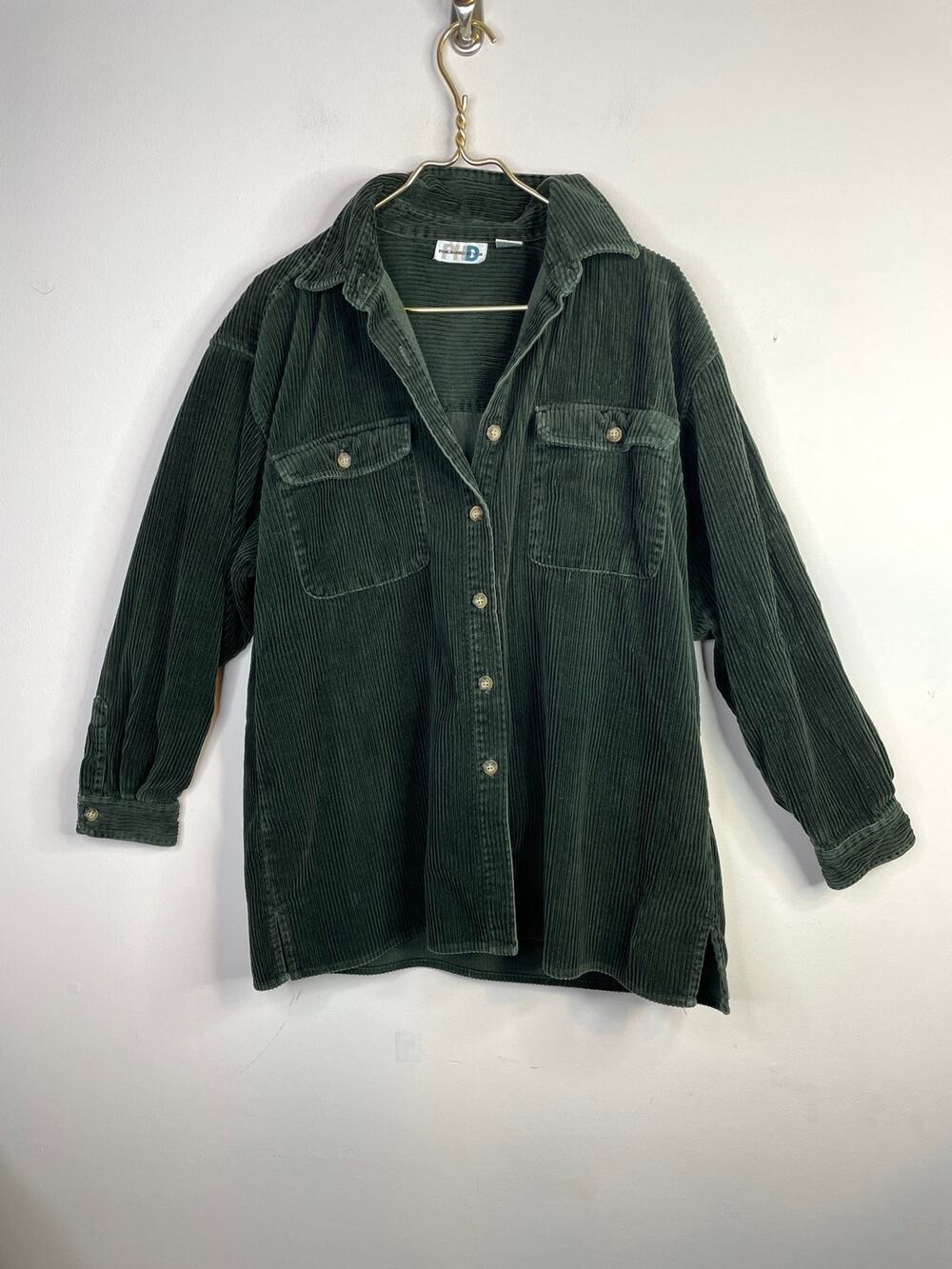 Vintage 90s Hunter Green Wide Wale Cotton Corduroy Button Up Shirt Shacket L